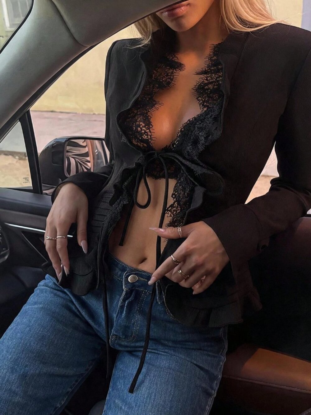 Black Sexy Women's Lace Patchwork Casual Long Sleeve Jacket